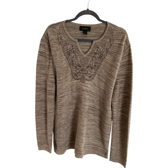 Express Women's Sweater Size Large Cotton V-Neck Embroidered Brown Striped - Picture 1 of 9